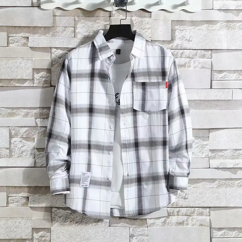 Spring New Korean Style Plaid Shirts Men's Handsome Long-sleeved Loose Casual All-matching Shirt Coats 2026 Trend Men's Clothing
