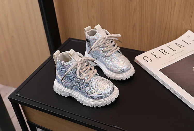 New Children's Autumn Boots Glossy Girls Causal Leather Boots Fashion Versatile Kids Princess Ankle Short Boots Round-toe Zipper