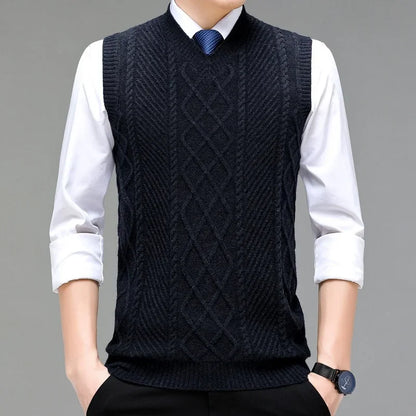 Stylish V-neck Jacquard Knit Sleeveless Sweater Vest for Men Middle-aged Men Fashion Solid Color Warm Top