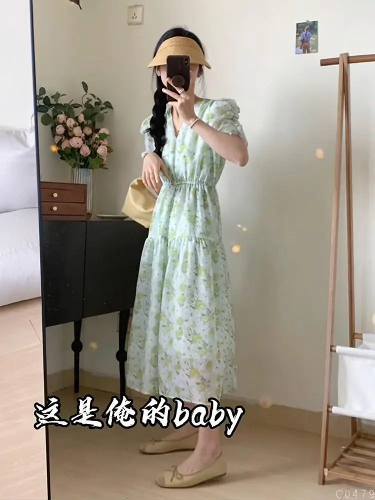Cheap French Sweet Floral Dress Women V Neck Puff Sleeve Summer Chiffon Dress Summer Bohemian Print A-line Midi Dress In stock