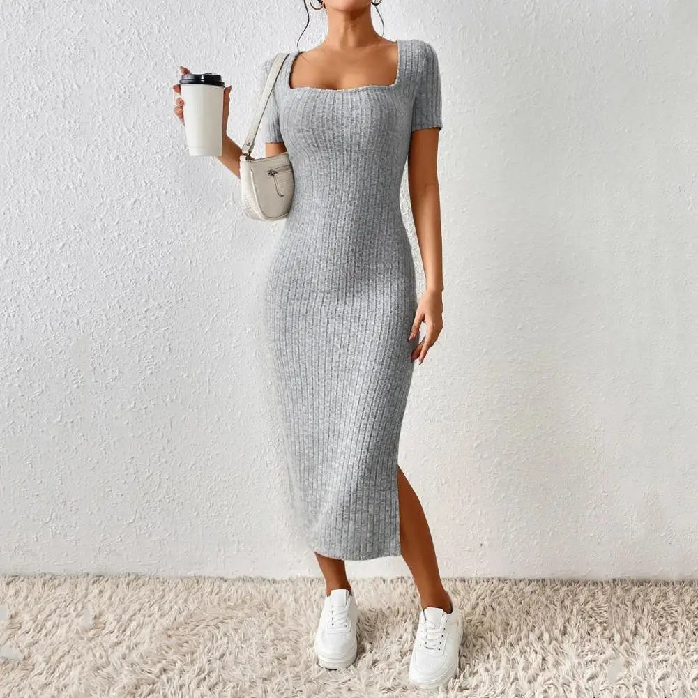 Women Summer Dress Split Hem Knitted Elastic Mid-calf Length Knitted Slit Dress Lady Party Commute Casual Ins Style Midi Dress