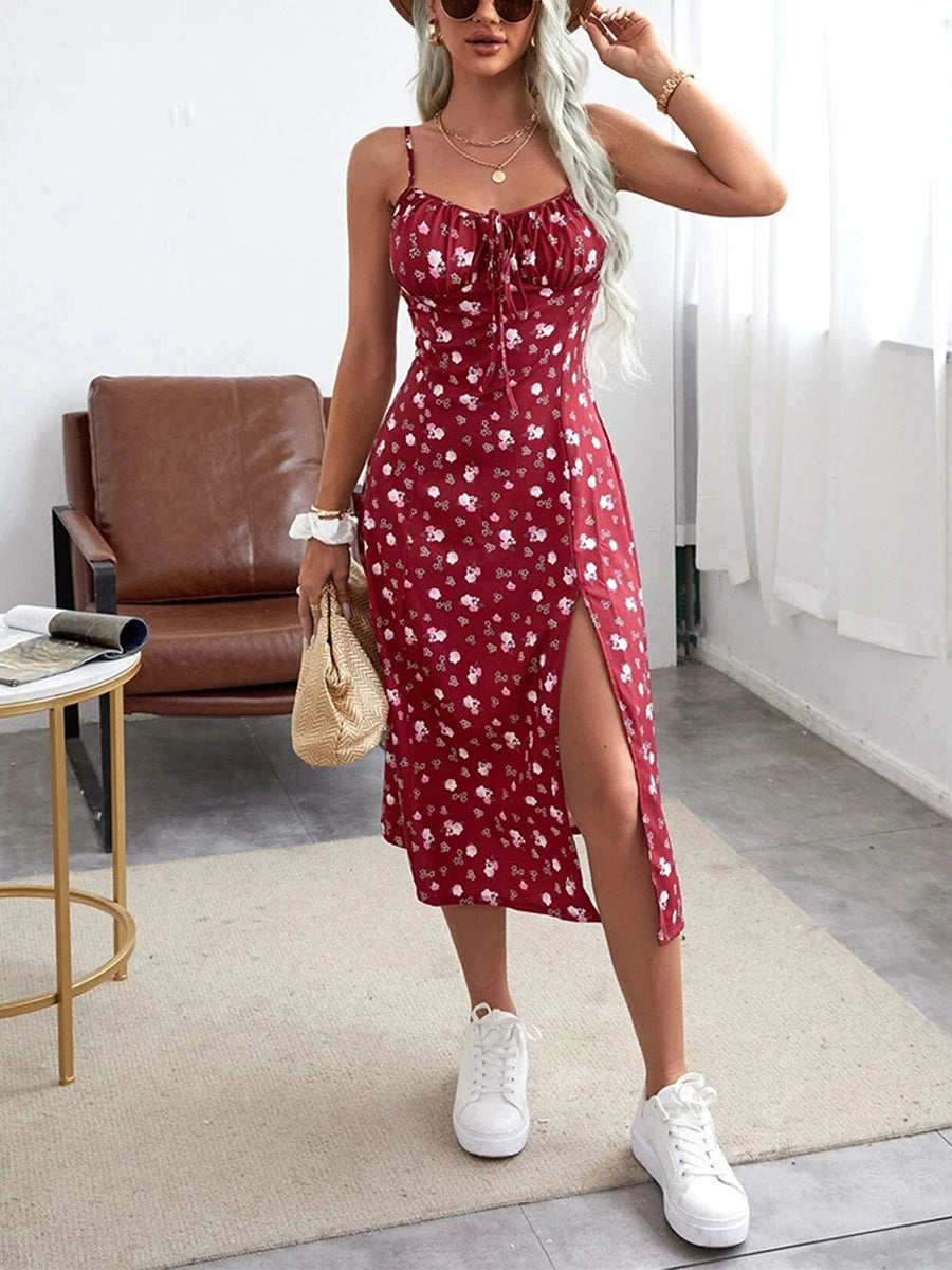 Women's Clothing Summer 2025 Trend Floral Dress, Flower Print Spaghetti Strap Sleeveless  with High Slit for Ladies
