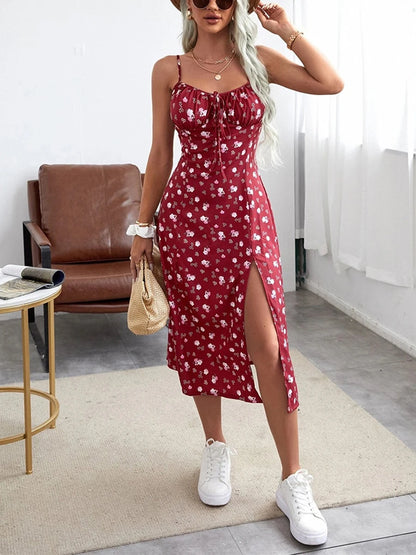 Women's Clothing Summer 2025 Trend Floral Dress, Flower Print Spaghetti Strap Sleeveless  with High Slit for Ladies