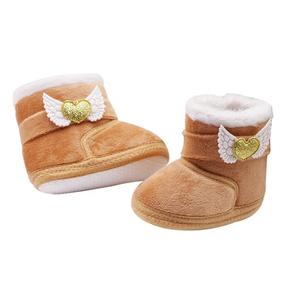Suefunskry Newborn Baby Winter Snow Boots Contrast Color Ankle Boots Warm Plush Heart Wings Baby Walking Shoes for Toddler 0-18M