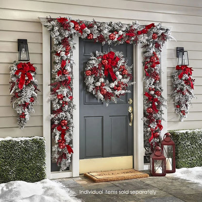 Holiday Wall Door Decoration Christmas Garland Wreath with Red Silver Christmas Ornament Balls