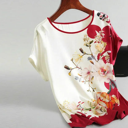Plus Size Women Silk Satin Blouses Spring Summer Floral Printing Blouse Female Fashion Shirt Tops