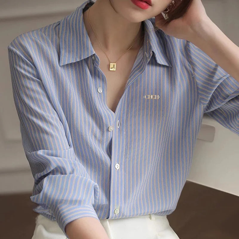 Women's Shirt New Popular Classic High Grade Female Long Sleeved Shirt Vintage Elegant Stripe Versatile Office Lady Fashion Tops