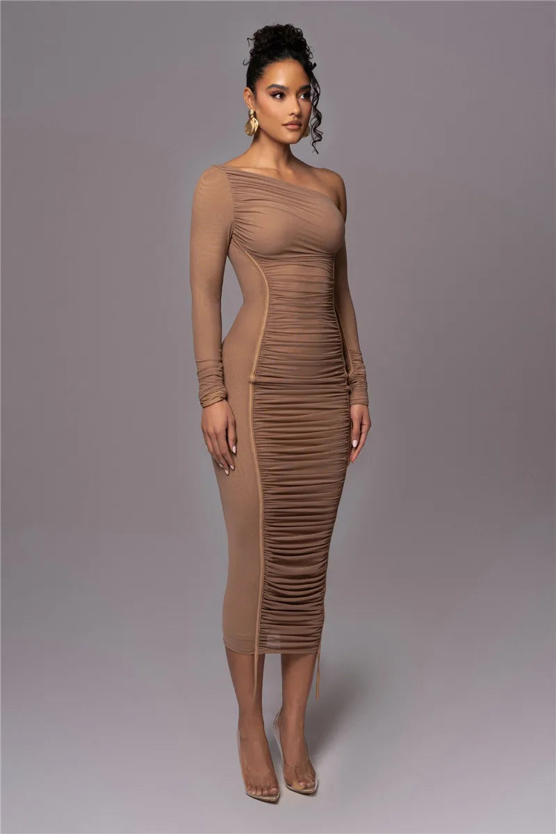 Diagonal Collar Long Sleeve Midi Dress For Women Two Layer Mesh Backless Ruched Bodycon Club Party Sexy Long Dress
