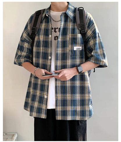 Korean Y2k Streetwear Plaid Shirt Men Shirts 2025 New Summer Fashion Chemise Homme Men's Checkered Shirts Short Sleeve Men Blouse