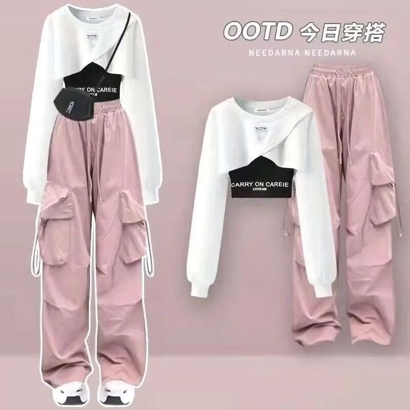 Spring and Autumn Set Women's 2026 Korean Loose Fashion Top Casual Work Pants Age Reducing Three Piece Set