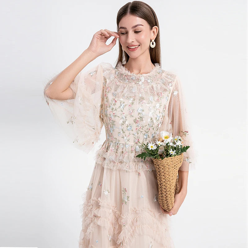 Runway Luxury Long Dresses Women 2025 Summer Holiday Embroidery Flower Ruffles Midi Party Evening Dress Lady Prom Vestidos