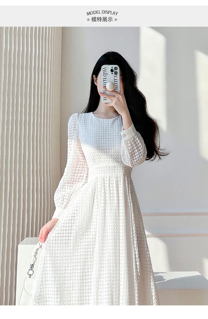 Lace Long Sleeves White Midi Dresses for Women 2026 New Autumn French Elegant Fashion Evening Wedding Party Robe Female Clothing