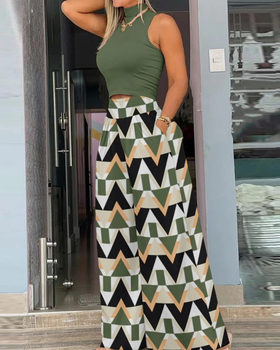 Summer Clothes Women 2026 Women Clothing Print Two-piece Set, Smooth Sleeveless T-shirt, Wide Leg Pants, Fashion Clothing