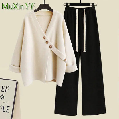 Women's Spring Autumn New Casual Matching Set Korean Elegant Irregular Knit Sweater+ Loose Wide Leg Pants Two Piece Female Suit
