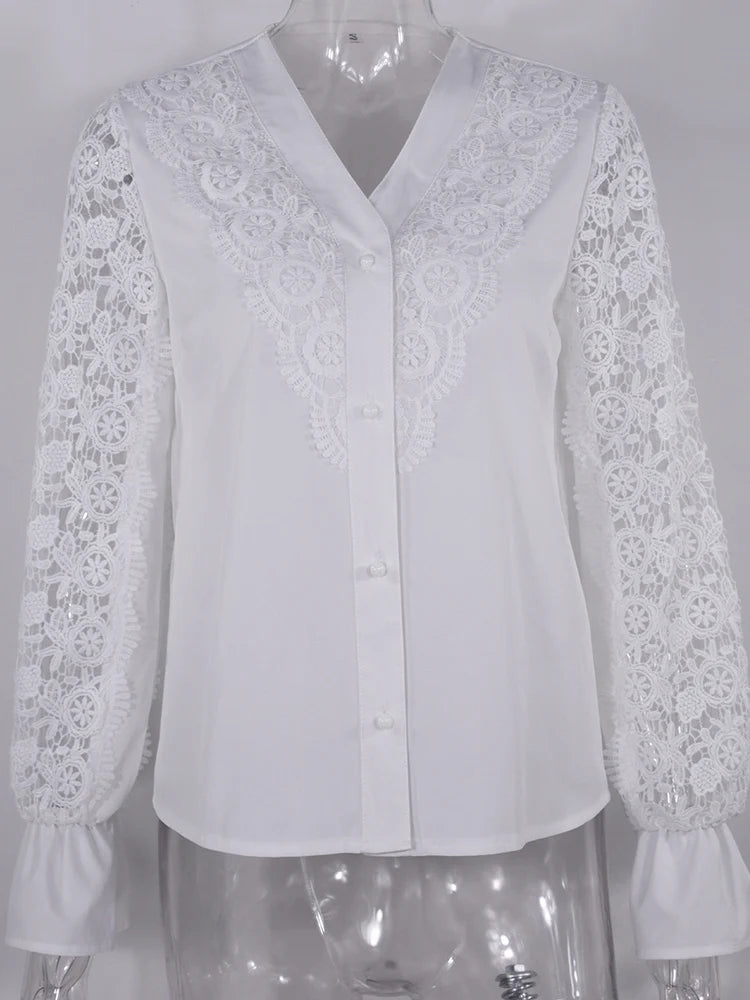 Shirts Elegant Office Ladies White Collared Lace Patchwork Hollow Out Button Up Women's Tops And Blouses 2026 Fashion New Blouse