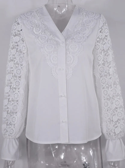 Shirts Elegant Office Ladies White Collared Lace Patchwork Hollow Out Button Up Women's Tops And Blouses 2026 Fashion New Blouse