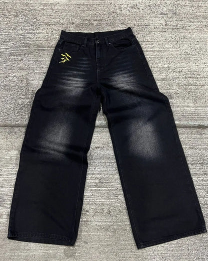American Style Baggy Oversized Jeans Y2K Harajuku Retro Hip-hop Streetwear Gothic Bat Pattern Casual Straight Wide-leg Pants Men