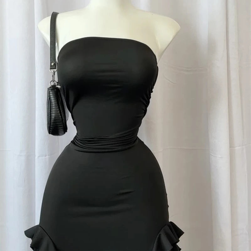 Elegant Strapless Sexy Maxi Dress Women's Irregular Tassel 2025 Summer Trend Skinny Split Bodycon Birthday Party Clubwear Dress