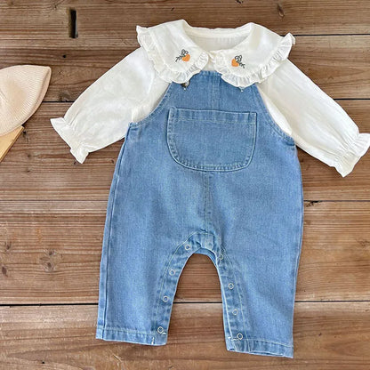 Children Clothes Suit Infant Baby Girls Clothing Set Long Sleeve Embroidered Shirt+ Denim Jumpsuit Autumn Spring Clothes Suit