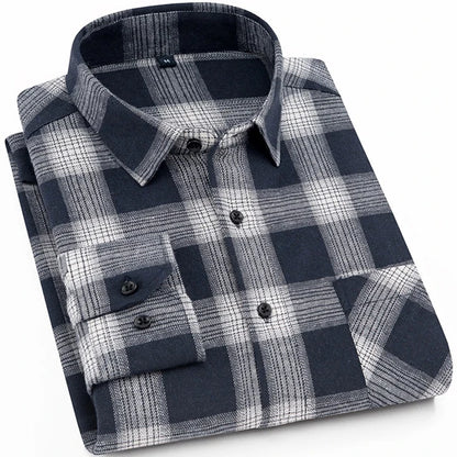 Men's Slim-fit Casual Brushed Flannel Contrast Plaid Shirt Single Patch Chest Pocket Comfortable Soft Long Sleeve Gingham Shirts