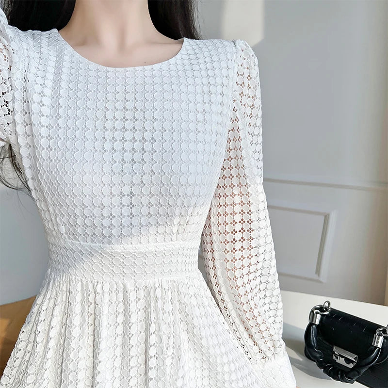 Lace Long Sleeves White Midi Dresses for Women 2026 New Autumn French Elegant Fashion Evening Wedding Party Robe Female Clothing