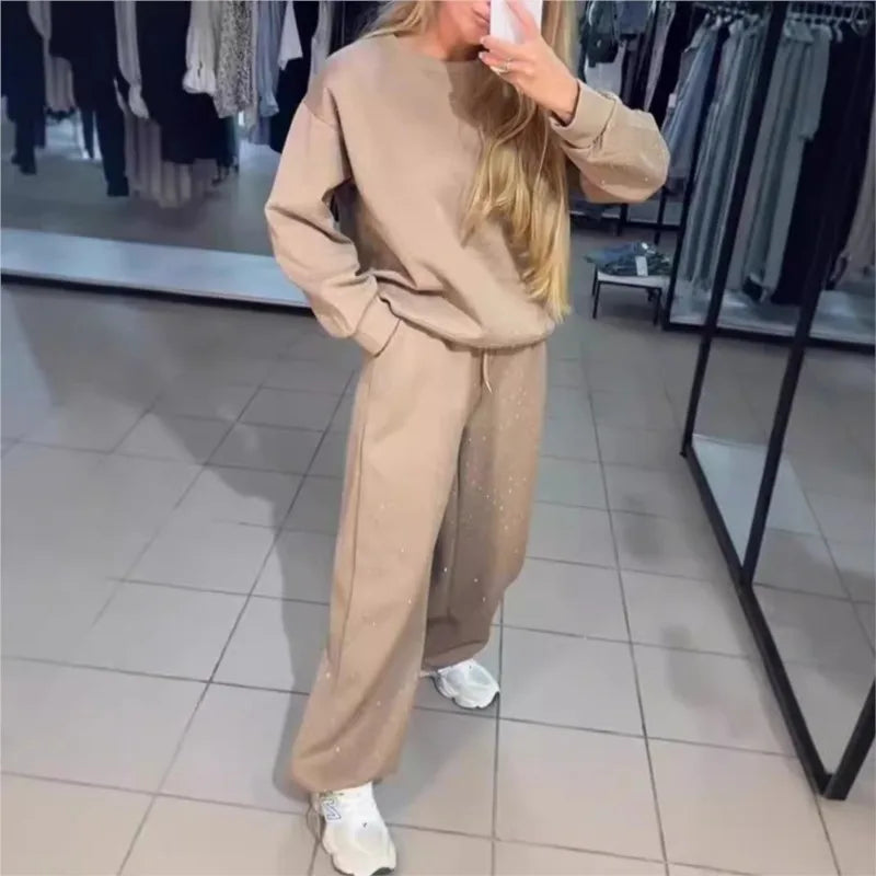 Women's Pants Suit Autumn New O-neck Hot Diamond Long-sleeved T-shirt Drawstring Sweatpants Fashionable Ladies 2-piece Sets