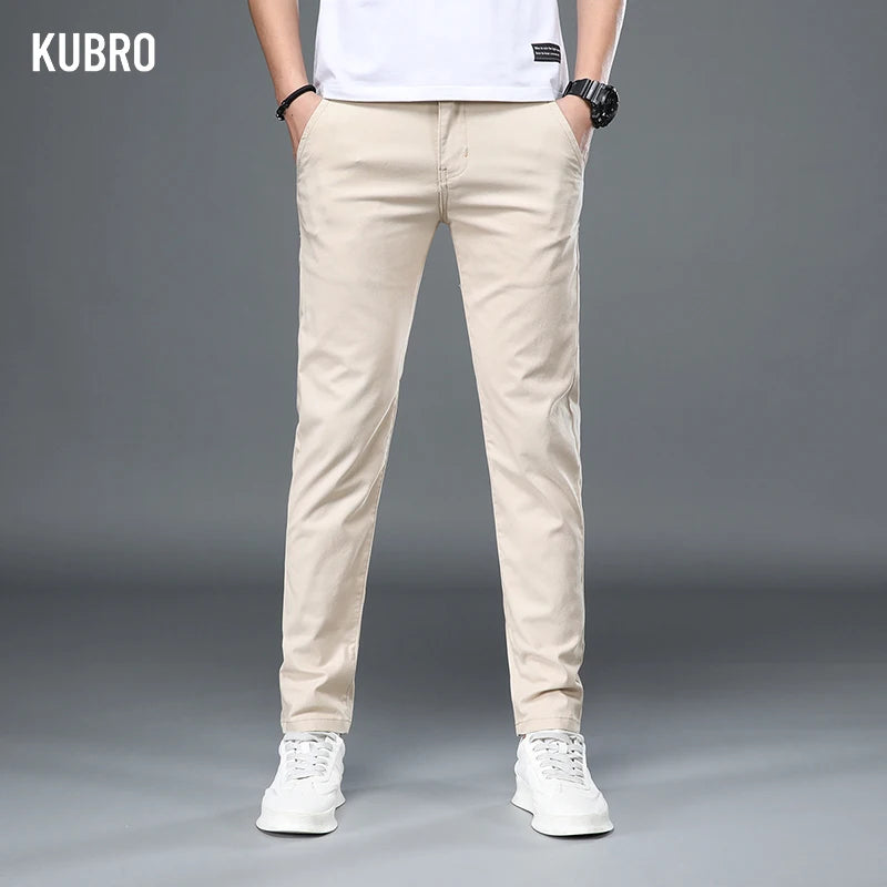 KUBRO Korean Style Cotton Soft Elastic Slim Straight Trousers Summer Thin Office Fashion Versatile Men's Business Casual Pants