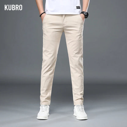 KUBRO Korean Style Cotton Soft Elastic Slim Straight Trousers Summer Thin Office Fashion Versatile Men's Business Casual Pants