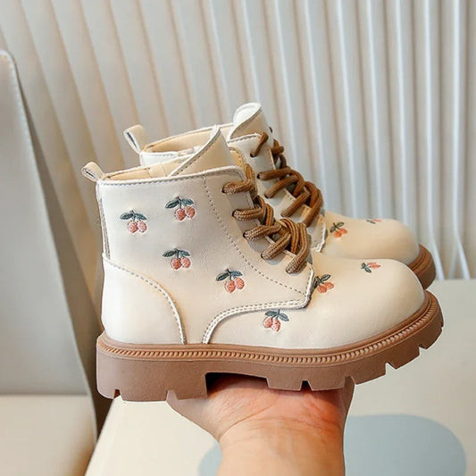 Girl's Ankle Boot Sweet Fashion Embroider Children Spring Autumn Leather Boots Causal Versatile Kid Princess Shorts Single Boots