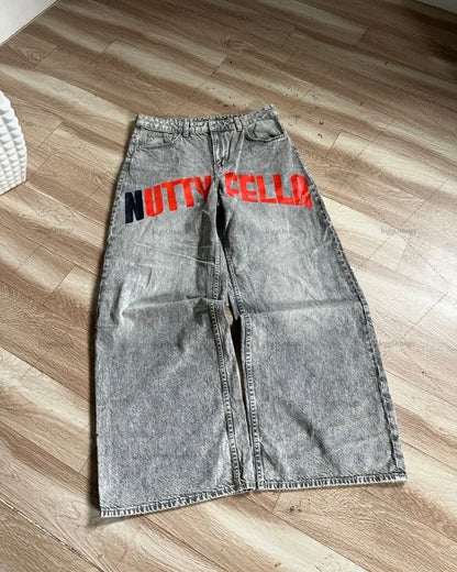 Y2K Harajuku Retro Washed Baggy Jeans Street Hip-hop Anime Printed Wide Pattern Straight Pants Men Trendy Brand Casual Trousers