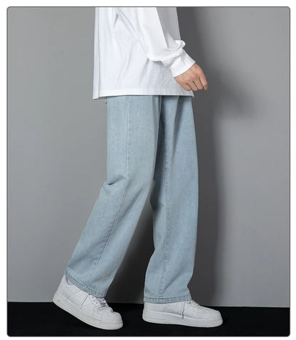 2026 New Korean Men's Casual Long Jeans Classic Man Straight Denim Wide-leg Pants Solid Color Light Blue Grey Black 3XL