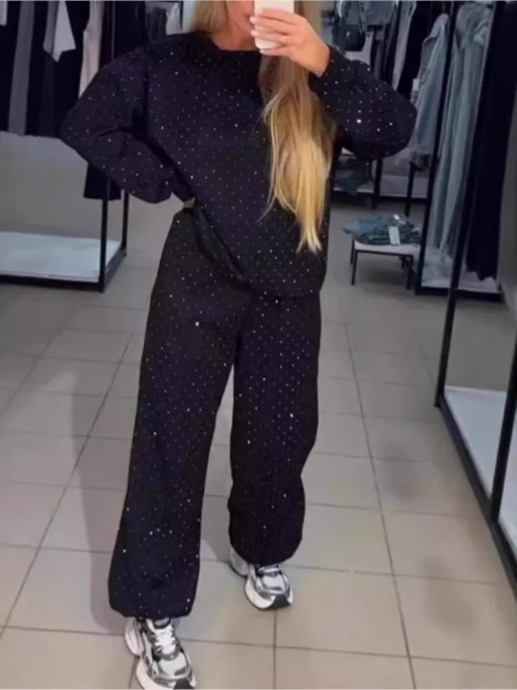 Women's Pants Suit Autumn New O-neck Hot Diamond Long-sleeved T-shirt Drawstring Sweatpants Fashionable Ladies 2-piece Sets