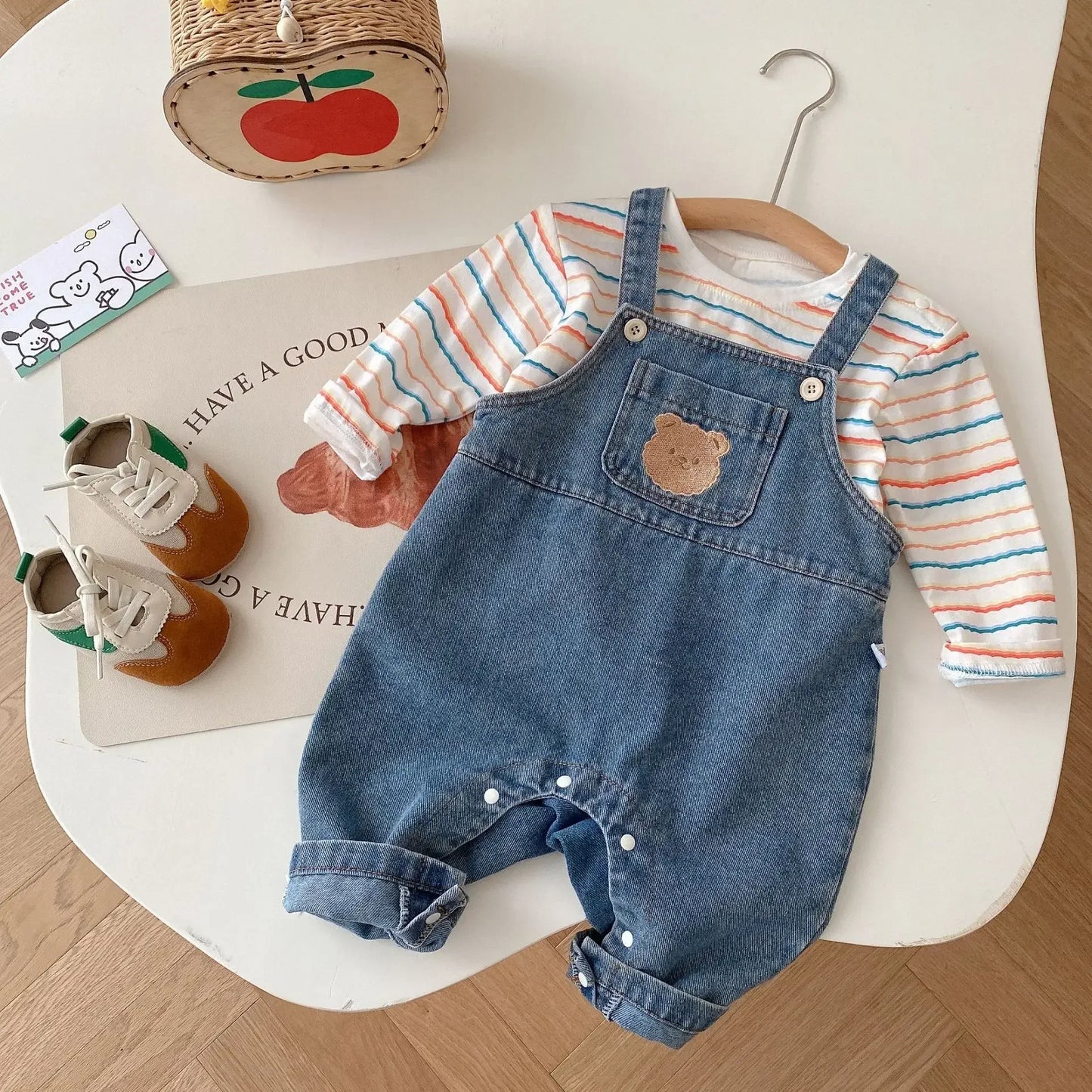 2025 Autumn Korean Baby Boys Girls Pants Cartoon Jeans Overalls Cute Bear Infant Toddler Kids Cotton Suspender Denim Jumpsuit