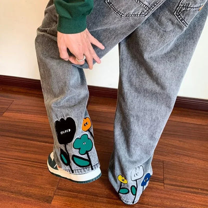 New Men's Y2K Flower Printed Baggy Jeans 2026 Streetwear American Casual Denim Wide-leg Pants Hombre Vintage Straight Trousers