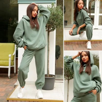 2 Pcs/Set Chic Two Pieces Set Winter Hoodie Pants Set Solid Color Casual Deep Crotch Autumn Tracksuit Keep Warm