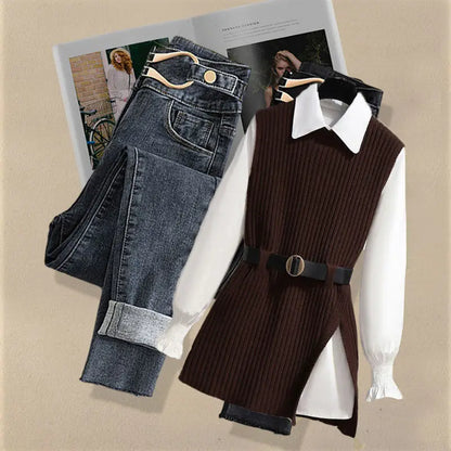 2026 Autumn Increased Size Korean Popular Chiffon Shirt Knitted Sweater Jeans Three Piece Elegant Women's Pants Set Tracksuit