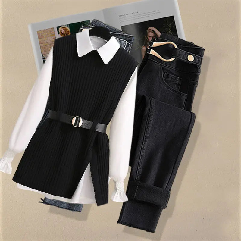 2026 Autumn Increased Size Korean Popular Chiffon Shirt Knitted Sweater Jeans Three Piece Elegant Women's Pants Set Tracksuit