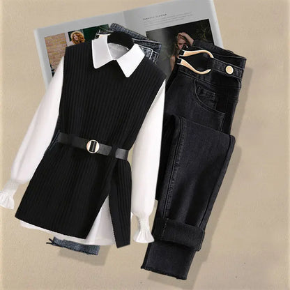 2026 Autumn Increased Size Korean Popular Chiffon Shirt Knitted Sweater Jeans Three Piece Elegant Women's Pants Set Tracksuit