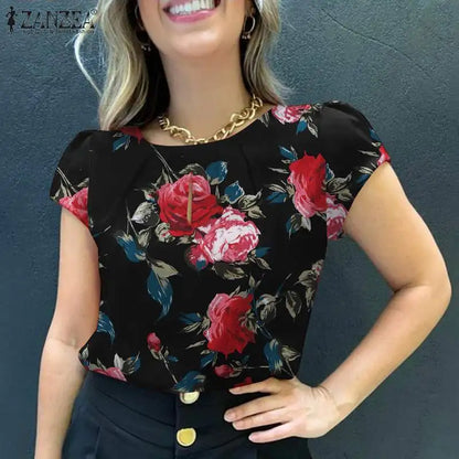 ZANZEA Summer Bohemian Short Sleeve Floral Printed Blouse Women Vintage Holiday Party Shirt Casual Beach Tops Tunic Bulses 2025