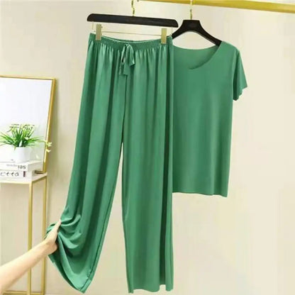 2 Pcs/Set Women T-shirt Pants Set Pleated Wide Leg V Neck Short Sleeves Loose Home wear Pullover Thin Summer Top Trousers Set