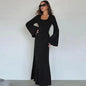 Elegant Knitted Maxi Dress For Women Fashion Solid Lace Up Long Sleeve Slim Dresses New Lady Commuting Robe Party Vestidos 2025