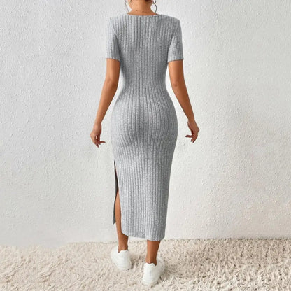 Women Summer Dress Split Hem Knitted Elastic Mid-calf Length Knitted Slit Dress Lady Party Commute Casual Ins Style Midi Dress