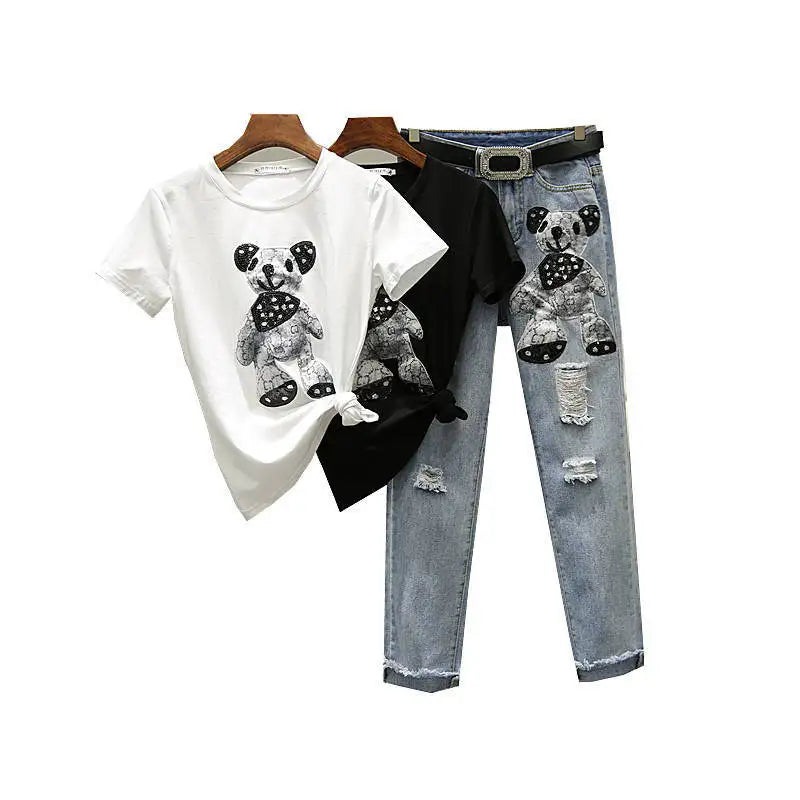 Cartoon Print Short Sleeve T-shirt Perforated Jeans Two Piece Elegant Women's Pants Set Summer Outfit Leisure Sports Suit