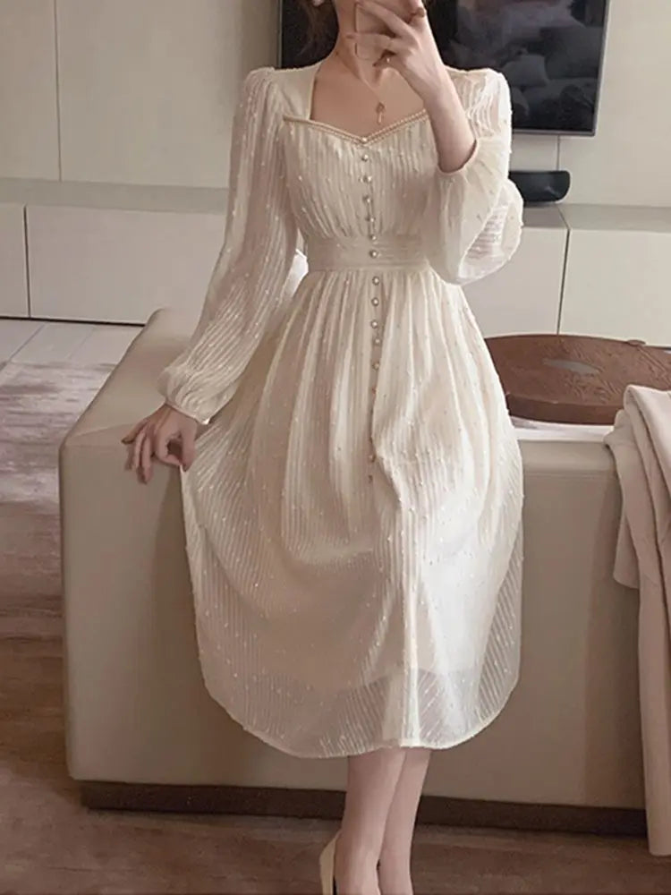 2026 Summer New Women Fashion Elegant White Midi Dresses Vintage Princess Female Party A Line Clothes Prom Robe Vestdios