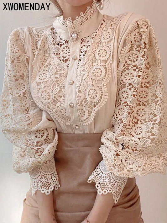 Women Chiffon Button Turtleneck Shirt Chic Elegant Floral Lace Fluffy Long Sleeve Top Fashion Hollow Oversize White Blouse 2025