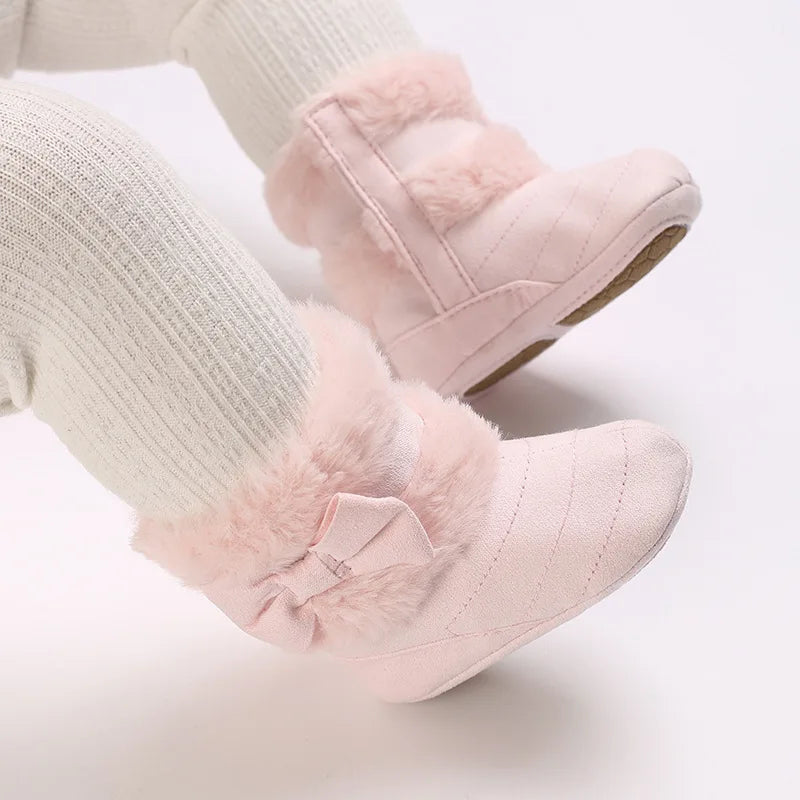 Baby Girl Boots Cute Bowknot Crib Shoes Infant Winter Warm Plush Boots First Walker Shoes with Non-Skid Soles