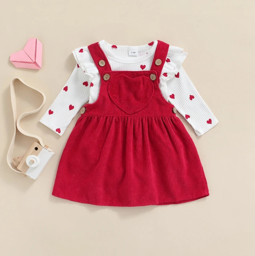 2Pcs Newborn Baby Girl Clothes Set Floral Print Long Sleeve Romper Pocket Corduroy Strap Suspender Skirts Girls Spring Outfits
