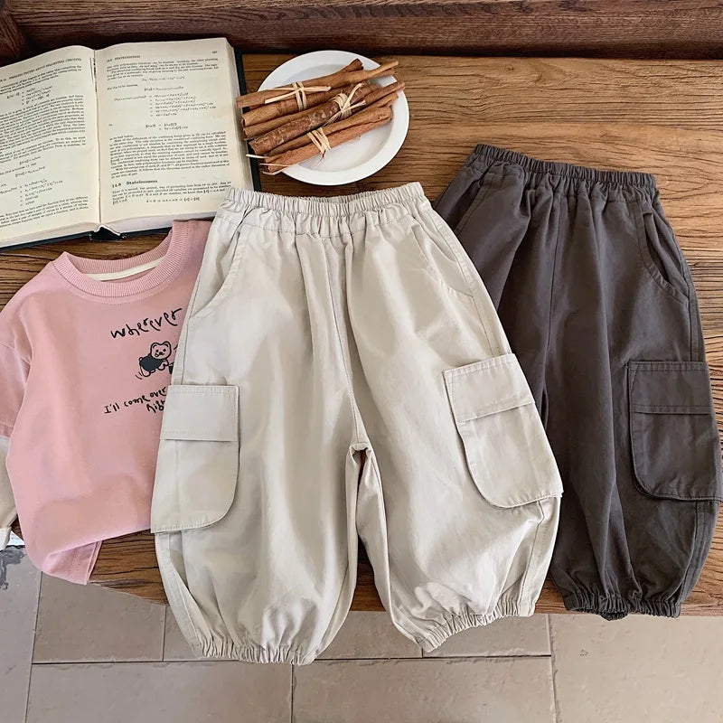 2025 Spring Baby Kids Pants Children's Solid Color Cargo Pants Boys Girls Loose All-match Trousers