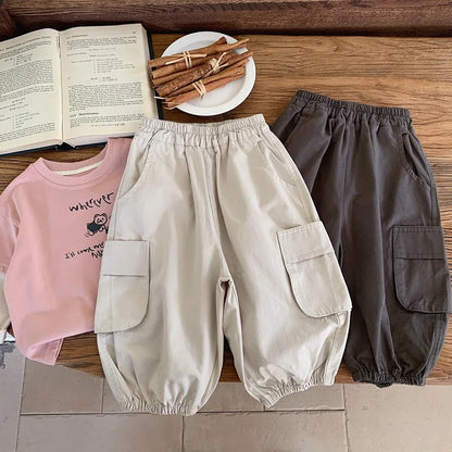 2025 Spring Baby Kids Pants Children's Solid Color Cargo Pants Boys Girls Loose All-match Trousers