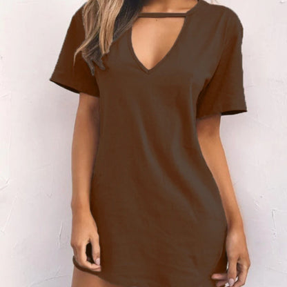 Summer Sexy Mini Black Dress 2026 V Neck Cut Out Loose Dress Women Elegant Short Sleeve Club Party Dress Solid Color Streetwear